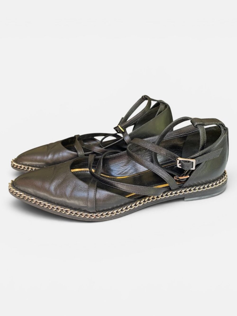 Lanvin black strappy flats with chain detail, Size 39